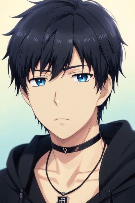 high resolution, solo, best quality, 1Boy, Arata Kaizaki, Portrait, Black Hair, Blue Eyes, bangs, necklace, choker, hair between eyes, Hoodie, OverallDetail
