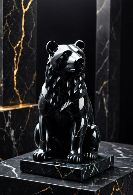 Fujifilm XT3, Sony A7 IV, (award winning photography) a (black: 0.79) marble simple (stylized: 1.49) (bear) statue made of opal (Kintsugi: 0.89) set on a pedestal in temple, glistening. in the background beautiful pillars, divine (iridescent: 0.79), opalescent textures, volumetric light, ethereal, sparkling, studio photo, highly detailed, sharp focus (highest quality: 1.39) (highest coherency: 1.39) (award winning photography), highly detailed photography, (muted colors, cinematic, dim colors, soothing tones:1.2), vibrant, insanely detailed, hyperdetailed, (dark shot:1.2), (vsco:0.3), (intricate details:0.9), (hdr, hyperdetailed:1.2) (vignette), sss, raw photo, fijifilm, kodak, cinematic film grain, mesopotamian, babylonian