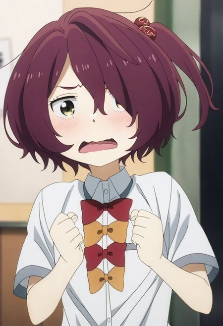 <lora:è´¥ç¬å¥³ä¸»_nb11_xl:1>,komari chika, make heroine ga oo sugiru!, 1girl, open mouth, solo, bow, shirt, hair ornament, blush, red bow, white shirt, anime coloring, school uniform, bowtie, upper body, short sleeves, collared shirt, clenched hands, indoors, red bowtie, wavy mouth