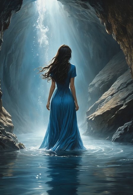 (water-colored), illustration, style of Jessica Galbreth,
(far view, far shot, rear view, facing away:1.3),
(Alice, very long dark brown hair,  hair rim lighting, hair in the wind, blue dress with short sleeves, black tights, black shoes:1.5), 
fog, dreamy, dream, walking,  lights,
(cave, water, walking in water, half body in water:1.8)