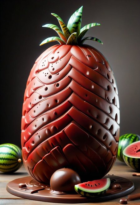 8K resolution, amazing, highly detailed, highest resolution, amazing, crisp image, watermelon made of chocolate, whole watermelon, fruites