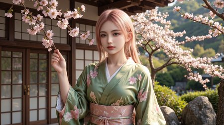 a serene Japanese garden scene with a 20-year-old young woman in a green kimono holding a cherry blossom branch,soft pink hair flowing gently,traditional Japanese house behind her,lush green hills and rocks in the background,early spring atmosphere,hyper-detailed and warm color palette,ultra-realistic cinematic style.,<lora:yuukananri-base-02-flux:0.8>,yuukananri,she has a slender physique and a petite build,<lora:aidmaMJ6.1v0.4:0.6>,aidmaMJ6.1,