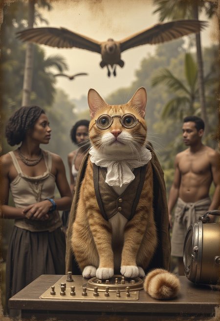 A sepia-toned photograph from 1889 showing a tabby ginger cat wearing a Victorian time traveler's outfit complete with brass goggles and waistcoat, standing beside its futuristic holographic control panel amid confused indigenous tribes in the Amazon rainforest, while pterodactyls soar overhead through a temporal rift,daguerreotype texture, vintage photo grain, period-accurate film artifacts, detailed Victorian costume, professional wildlife photography, jungle atmosphere, temporal distortion effects, centered composition, historical documentation style, lens scratches, aged paper texture,aidmaMJ6.1