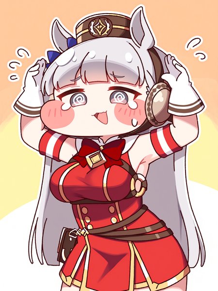 (trickcalcg, chibi:1.4), (blush stickers, blush), umamusume, gold ship \(umamusume\), 1girl, @ @, animal ears, arm strap, armpits, arms up, blue bow, blunt bangs, blush, bow, bowtie, breasts, dress, ear bow, gloves, grey eyes, grey hair, hat, horse ears, horse girl, large breasts, long hair, open mouth, pillbox hat, red bow, red bowtie, red dress, red hat, sleeveless, sleeveless dress, smile, solo, sweatdrop, teardrop, very long hair, white gloves, 
(masterpiece, best quality, absurdres, highres, newest:1.2), very awa, 