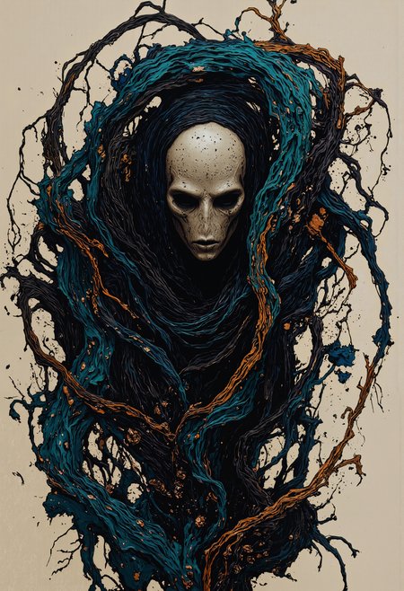 an abstract horror painting of a faceless wraith, encircled by twisted vines, sketched in graphite with erratic patches of deep color, gloom, black, midnight blue, emerald green, and tarnished bronze,  <lora:models\Flux\flux.1_lora_flyway_Epic-Characters_v1:0.5>, <lora:models\Flux\UltraRealistic_Lora_Project:0.85>, <lora:models\Flux\aidmaImageUpgrader-FLUX-V0.2:0.65>, <lora:models\Flux\aidmaMJ6.1-FLUX-v0.4:0.8>, <lora:models\Flux\FLUX.1-Turbo-Alpha:1>, cinematic film still {prompt} . shallow depth of field, vignette, highly detailed, high budget, bokeh, cinemascope, moody, epic, gorgeous, film grain, grainy