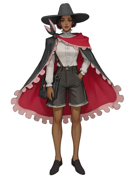 1girl, shirt, shorts, standing, looking at viewer, (score 9 up, score 8 up, highest score, highest quality), extreme detail, western art,
black headwear, dark skin, looking at viewer, short hair, black footwear, cape, shoes,dark-skinned female, brown hair
 <lora:[mossacannibalis] Experimental 1 image 40 Repeat 10 Epochs Lora Style Specific Image 162 Experiment PonyXL:.9>