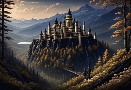dw01-3400, ((score_9, score_8_up, score_7_up)), masterpiece, aesthetic, a majestic castle made out of, ebony, ivory, scrimshaw, bone carving, located on a mountain overlooking a forest