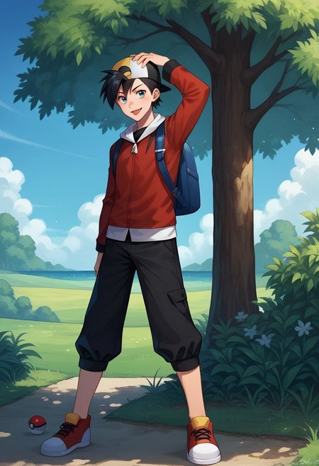 score_9, score_8_up, score_7_up, source_anime, highly detailed, 

pokegold, male focus, 1boy, hat, solo, jacket, backwards hat, holding, poke ball, holding poke ball, red jacket, poke ball (basic), shoes, smile, bag, black hair, baseball cap, short hair, shorts, tongue, pants, long sleeves, standing,
capri pants, full body, hand on headwear, backpack, looking at viewer,

outdoor, tree, sky,