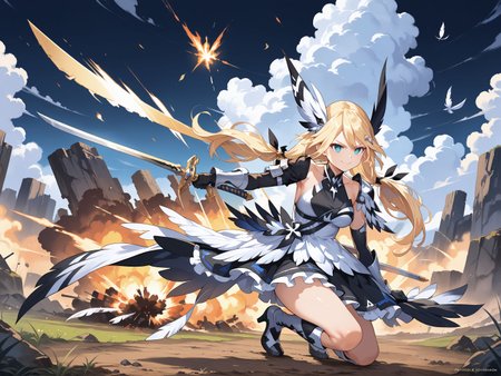 score_max, (score_9, score_8_up, score_7_up:1.2), score_6_up, official art, source_anime,
, masterpiece, absurdres, high detail, 8k,
wasteland, battle field, explosion,
action pose, on one knee, hand on ground, sword over shoulder, long sword, looking up, serious, smug face,
superbia, twintails, hair ornament,  dorigin, horns, multicolored dress, halterneck, white dress, black dress, sleeveless, shoulder armor, feathers, black gloves, knee boots, multicolored boots, heels,
<lora:XL_Pony_MGCM-superbia-t1:1>