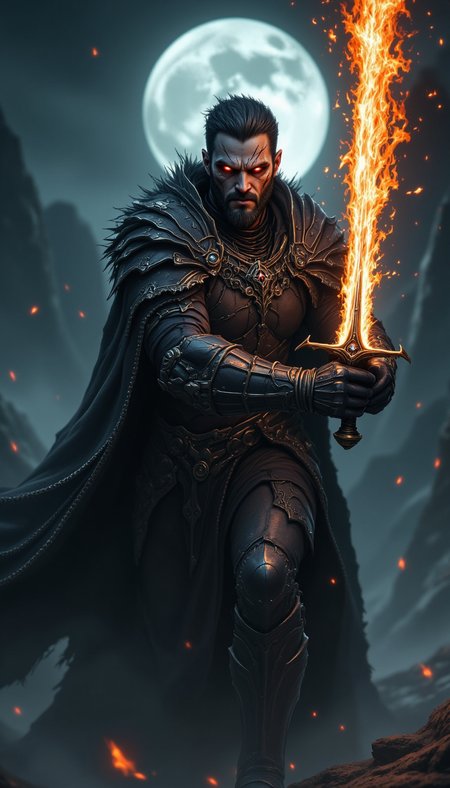 pinkfluxproultrafantasia, 
A stoic man with glowing red eyes and blackened armor, wielding a sword engulfed in shadow flames. His scarred face glows faintly under the eerie light of a full moon.