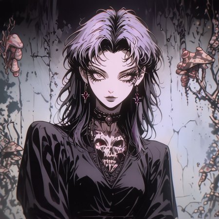 score_9, score_8_up, score_7_up, score_6_up, score_5_up, score_4_up,
BREAK
vintage, 1990s \(style\), 
lady, tattoo, solo, lips, long eyelashes, [:tomboy:0.25], purple medium hair, looking at viewer, choker, light smile, (goth:1.2), vivid colors, dark background, (bats:1.2), highly detailed, intricate,
sexy, (colorful:1.2), high contrast, colorful hair, chaos, psychedelic, mushroom, 
hallucination, highly (intricate details:1.1), sharp detailed eyes, luminsm, (Solo:1.1), fractal, glowing
<lora:OldAnimeStyle_XL_v3:0.75>
japanese horror style, horror,