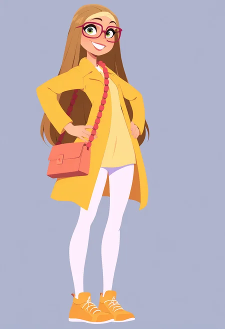 best quality, amazing quality, very aesthetic, absurdres, thick lineart,
1girl, hlcivil, green eyes, brown hair, long hair, 
coat, glasses, handbag, white pantyhose, shoes,
full body, hands on hips, standing,
smile, looking at viewer, solo, simple background, white background,   <lora:HoneyLemonNoobXL_byKonan:1>