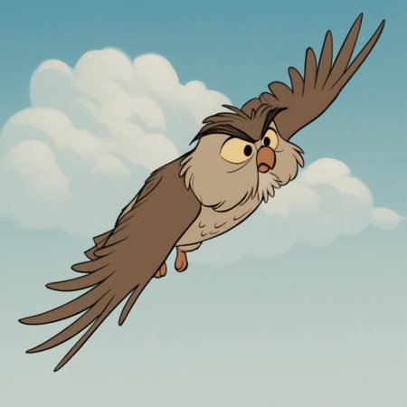 score_9, score_8_up, score_7_up, score_6_up, score_5_up, score_4_up, source_furry, Archimedesowl, feral, male, owl, brown feathers, yellow sclera, black eyes, flying, sky, clouds