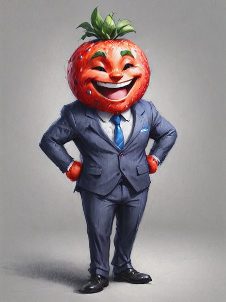 illustration of cartoon character anthropomorphic fruite smiling, (wearing a suite:1.4), dynamic pose, detailed,   <lora:Renaissance_Drawing:1>