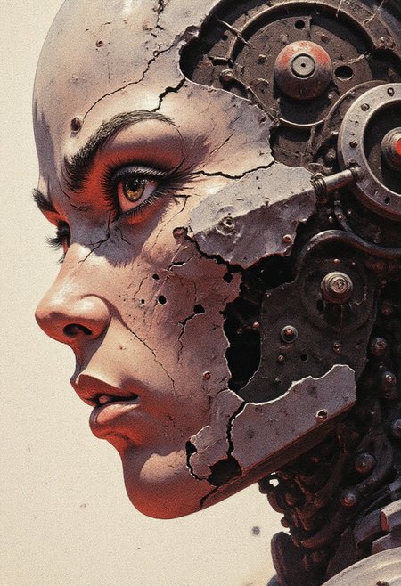 oriental cyberpunk cyborg woman, detailed face, dutch angle, dynamic, side view
