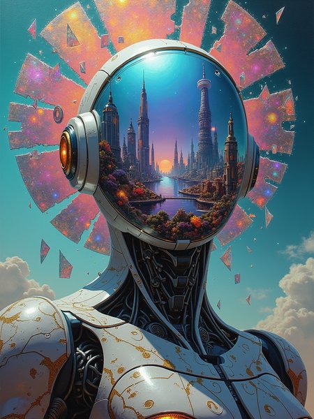The painting is rendered in a mind-bending hyperrealistic sci-fi style. The brushstrokes are so fine that they seem to disappear, creating a seamless and almost photographic quality. The colors are a vivid explosion of iridescent hues and metallic tones, with a hint of neon glow. The texture is a complex combination of smooth surfaces and intricate patterns that seem to shift and change depending on the light.
Scene Description: In the center of the painting looms a colossal robotic being, its upper body in a powerful half-portrait view. The robot's body is a fusion of advanced alloys and energy fields, with a sleek and imposing design. Its face is a transparent, multi-faceted visor that reflects a kaleidoscope of complex and fantastical future landscapes. Some of these landscapes are pulsating cityscapes filled with towering crystalline structures and floating platforms. Others are alien worlds with strange bioluminescent flora and fauna. The robot's body is adorned with intricate runes and symbols that seem to glow with an inner power. Surrounding the robot are fragments of shattered glass-like panels that refract and distort the light, creating a mesmerizing play of colors and shapes. Each panel shows a different fragment of a surreal and otherworldly scene, from a cosmic storm to a time-traveling portal.
Composition: The robot is the dominant force in the frame, its massive presence creating a sense of awe and wonder. The fragmented panels are arranged in a dynamic pattern around the robot, leading the eye in a circular motion and adding to the sense of mystery. The composition is asymmetrical and full of tension, with no clear center but a constant flow of energy.
Color Palette: The colors are a vivid mix of electric blues, purples, and greens, with accents of gold and silver. The robot's body is a combination of metallic tones and iridescent hues, while the panels reflect a rainbow of colors. The overall effect is a visual feast that challenges the imagination.
Light and Shadow: A soft, otherworldly light emanates from the robot and the panels, casting a gentle glow and creating long, dramatic shadows. The light seems to bend and refract around the surfaces, adding to the surreal atmosphere. The shadows are deep and mysterious, hinting at hidden depths and unknown powers.
Detail: Every inch of the painting is a masterpiece of detail. The robot's body is covered in minute patterns and textures, from the microscopic circuitry on its surface to the complex mechanisms within. The visor reflects a world of infinite detail, with every building, creature, and phenomenon clearly defined. The fragmented panels are filled with intricate scenes that seem to tell a story of their own, inviting the viewer to explore and discover.