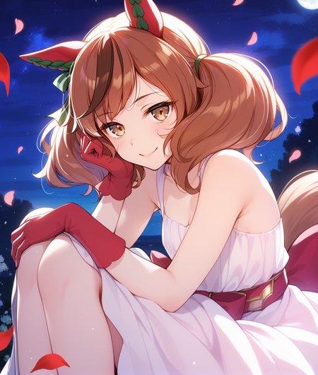 score_9, score_8_up, score_7_up BREAK
night, 
don't_close_your_eyes_now, 1girl, solo, looking at viewer, smile, brown hair, gloves, dress, animal ears, twintails, brown eyes, sitting, tail, medium hair, white dress, streaked hair, petals, horse ears, horse girl, horse tail, red gloves, cupped her face
<lora:Nice Nature-ponyXL:0.8>,