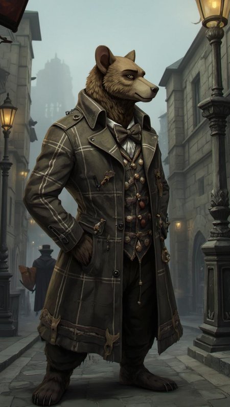 <lora:ck-LttleGhost-000011.safetensors:1> in the style of ck-lttlegh0stA steampunk-inspired anthropomorphic bear stands on a misty street, dressed in a plaid trench coat with intricate details and a bow tie adorned with small objects. Its fur is rendered with realistic texture and shading, while its face holds deep wisdom. The surrounding environment features crumbling stone buildings, ornate lamp posts, and fog-shrouded streets.