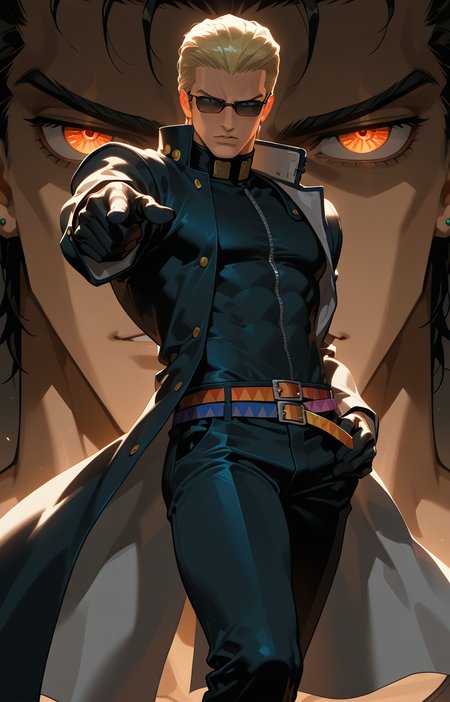 PonyScores7, source_anime, ah1
BREAK <lora:albertwesker-guy-PONYv1:0.8> albertwesker, albert wesker, 1boy, blonde, black gloves, (sunglasses:1.3), belt, black coat, black pants, looking at viewer, toned, athletic, fit, slicked back hair, black turtleneck, zipper, mature male, short hair, black boots, (Discontented, turn pale), (<lora:jotaro-kujo-pose-ponyxl-lora-nochekaiser:0.8>, jotaro kujo pose, kujo jotaro's pose (jojo), jojo pose, pointing, pointing at viewer), (focused, intense glare), (angular face, sharp_featured face), handsome, charming, alluring
BREAK <lora:xl_more_art-full_v1:0.2>, <lora:shinyskin2:0.2> glistening skin, <lora:aesthetic_anime_v1s:0.2>, <lora:Expressive_H:0.2> Expressiveh, <lora:hairdetailpxl:0.2> hairdetailpxl, <lora:EpicF4nta5yXL:0.2>, <lora:detailxl:0.2> detailxl, <lora:Fant5yP0ny:0.2>, best quality, amazing quality, best aesthetic, absurdres, <lora:expressive eyes:0.2> expressive eyes, <lora:eyedetailpxl:0.2> eyedetailpxl, illustration, Volumetric_Lighting, ultra-detailed, very aesthetic, intricate details, 8k, masterpiece, best_quality
BREAK (Aerial view Extreme Close shot, focus on waist)
BREAK <lora:Eyes_High_Definition:0.3> EyesHD, Stable_Yogis_PDXL_Positives, AS-Adult, <lora:Complicated fantasy portrait - XL Pony V2.0:0.4>, bad-hands-5, AS-MidAged, <lora:HDA_Detailer:0.2>,