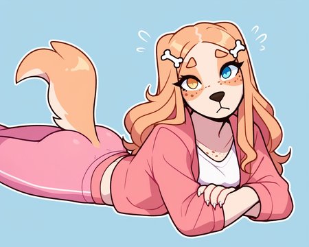 score_9_up, score_8_up, score_7_up, score_6_up, by remanedur, medium breasts, long hair, dog, heterochromia, pink yoga pants,  t-shirt, jacket, bone hair ornament, freckles, on front, butt, female, looking at viewer, tail, solo, three-quarter view, head tilt, simple background, white outline,<lora:Leah_Pines(AIM)_XL_v1:0.15> <lora:PDXL_artist_tags_v2_big:0.5> <lora:The-Minuscule-Task_PDXL_v1.0:0.6>  <lora:Clover_FoxyPew:0.5>