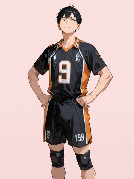 perfect quality,high quality,masterpiece,best quality,amazing quality,very aesthetic,absurdres,newest,
front view,full_shot,Sarcastic smile,
KageyamaTobioCYQL,<lora:KageyamaTobioCYQL:1>,1boy,male focus,solo,black hair,black eyes,volleyball uniform,sportswear,short sleeves,knee pads,shirt,shorts,black shorts,sneakers,shoes,
full body,standing,hands_on_hips,,
lightpink background,simple background,
748cmstyle,EtherStyle,<lora:96YOTTEA-WAI:0.3>,<lora:EtherSDXL:0.4>,<lora:illustrious_all_rated_v1:0.5>,<lora:spo_sdxl_10ep_4k-data_lora_webui:0.6>,<lora:ponyv5_noobV065S_1_adamW:0.7>,<lora:748cmSDXL:0.8>,