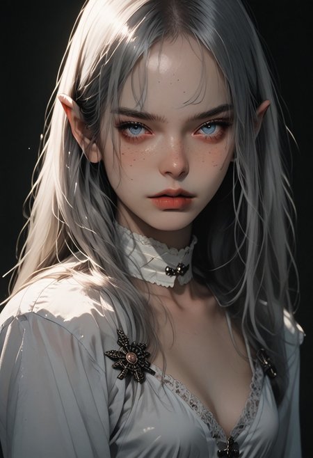 score_9, score_8_up, score_7_up, flat color, g4n1m3, comicbookpage style, high contrast, 
1girl, indoor, long hair, beautiful face, spanish, blue eyes, freckles, small breasts, braless, perfect legs, ((full body view)), elf with long ears, silver armor, behind the girl's back there is a bow and arrows