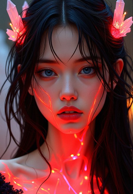 close-up,  Safe for work depiction  of a powerful enchantress with that seems to come alive, intertwined with glowing red veins that pulse with energy. The background has Flickering Candlelight, glimmering crystal formations in the background,