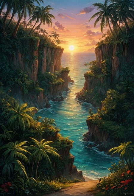 score_9, score_8_up, score_7_up, tropical island with palms, white sand and crystal waters, the setting sun creates an orange and pink sky, seagulss flying over the water and there's a hamok hanging between two palms, beautiful oil matte painting,romantic,style of thomas kinkade,beautiful digital painting,anime landscape,romantic painting,dreamlike digital painting,colorful painting,beautiful gorgeous digital art,style of greg rutkowski,janek sedlar,jenny saville