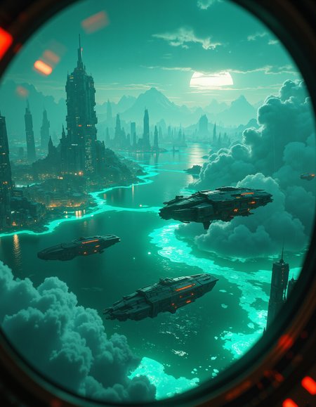 Scenery, landscape, cyberpunk flying ships over a green sea, white bioluminescence glow from the deep of the sea, the coast with big cyberpunk citys is in the background, the ships are flying between the clouds, the image is taken from one of those ships, looks the frame of a window,
hiperfocus, white clouds, extreame details, intrincate textures, at night, 
 <lora:detailed_v2_flux_ntc:1> <lora:Anime art:1>