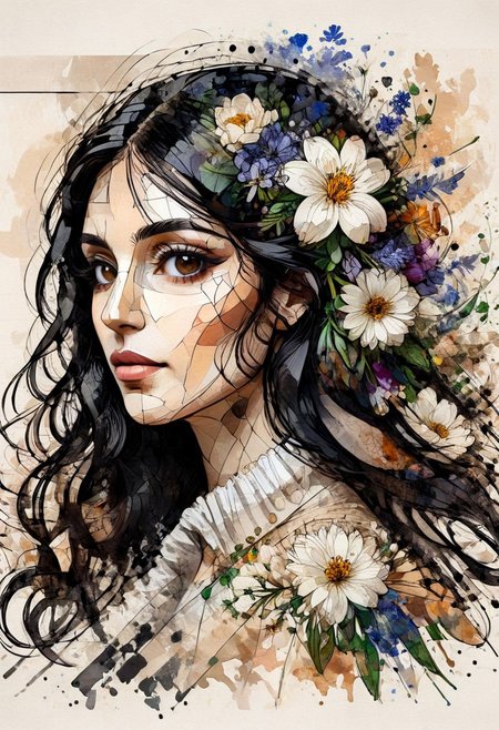 InkMosaic, a portrait of a woman with flowers in her long black hair, brown eyes