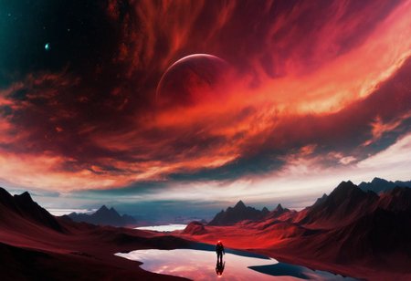 SyFyEye1, horizon, signature, red sky, ambiguous gender, fantasy, dress, lake, surreal, spacesuit, boots, <lora:SyFyEye1_XL_v1.0:1>