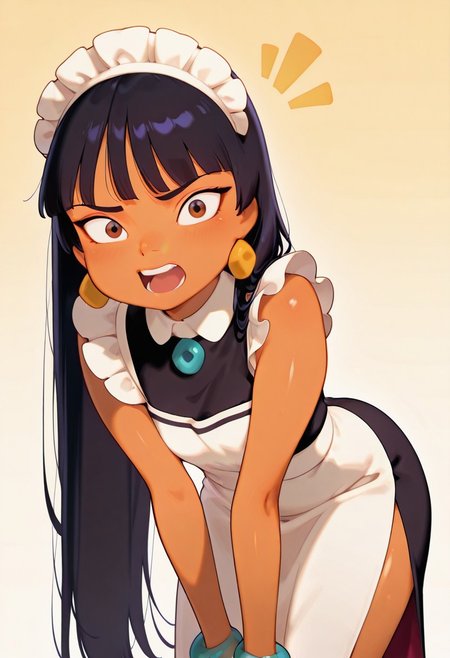 (score_9,score_8_up,score_7_up),  <lora:Chel-ILV1:1>,
shading, dramatic body light, excited, cute, open mouth,
cute anime girl, big cute eyes, masterpiece,cartoon style, best quality, amazing quality, gradient background, ( looking at viewer),
 (((1 girl))), skinny body, flat chested, ChelXL, long hair, black hair, bangs, brown eyes, dark skin, earrings, bracelet, maid dress, maid, detailed maid dress, angry,, ((bent over))