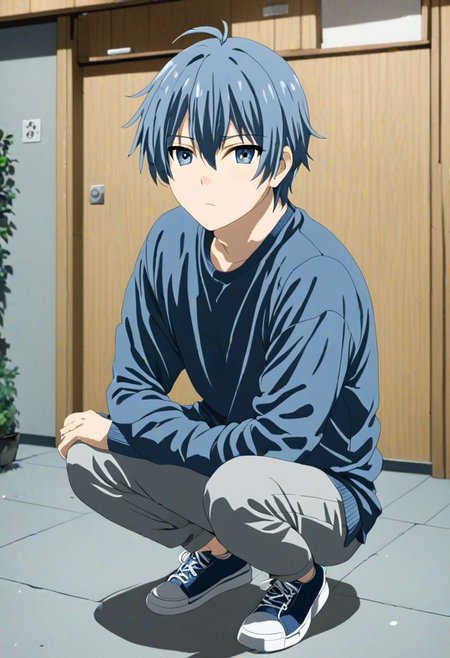 high resolution, solo, best quality, 1Boy, Tomoya Okazaki, Grey Blue Hair, lofi, candid, squat, depth of field, photo model, looking at viewer, OverallDetail