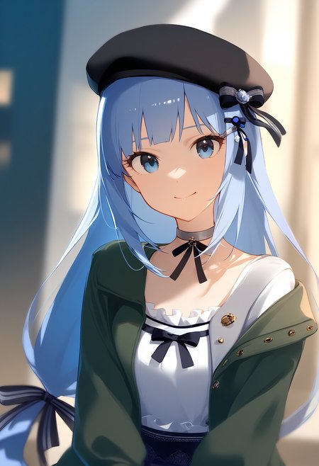 1girl,
shiraishi tsumugi,


closed mouth, black headwear, smile, collarbone, looking at viewer, off shoulder, bow, long sleeves, shirt, blurry background, hair ribbon, low-tied long hair, choker, upper body, blue hair, open clothes, hair ornament, low-braided long hair, black ribbon, puffy long sleeves, green jacket, ribbon, long hair, hairclip, solo, blue eyes, hat, grey choker, hat bow, open jacket, beret, depth of field, blurry, jacket, grey shirt, puffy sleeves, black bow,

sfw
<lora:a31_char_new_shiraishi_tsumugi-000020:1> <lora:a31_style_koni-000010:0.8>