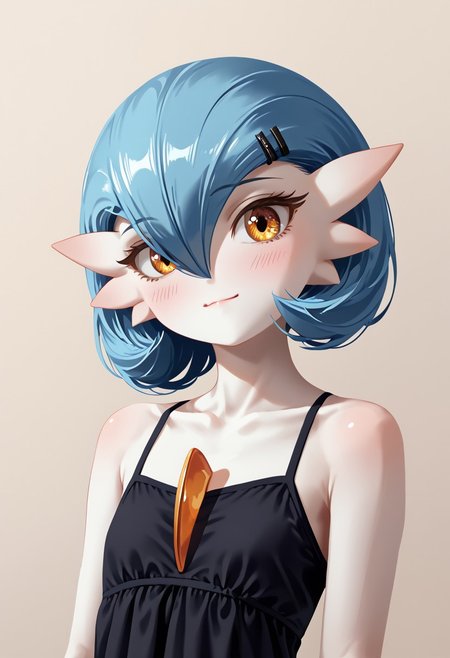 (((Gardevoir))), Female, anthro, ((pale white skin)), Stable_Yogis_PDXL_Positives, zPDXL3, Expressiveh, score_9, score_8_up, score_7_up, masterpiece, source anime, Anime Style, Raw Photo, midjourneyv6.1,
dutch angle, dynamic light, (from side:0.75),
1girl, solo, ((short hair)), flatchest, looking at viewer, blush, smile, (golden eyes), flat chest, blue hair, (casual black dress), detailed dress, hair between eyes, closed mouth,  covered shoulders, flat chest, collarbone, upper body,  hair clips, casual dress,  eyelashes, head tilt, crossed bangs, ((plain background)), (((croma key background))), (lineless:1.5), FastNegativeV2
