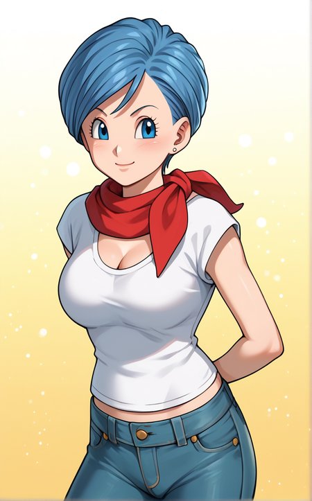score_9, score_8_up, score_7_up, absurdres,contrapposto, arms behind back, cowboy shot, looking at viewer, backlighting, light smile, light particles, blurry background, depth of field, bloom, gradient background, yellow background, spotlight,  <lora:PONYXL_DragonBall_Bulma_ownwaifu:1> BREAK  MainOutfit_Bulma_ownwaifu, 1girl, blue eyes, blue hair, eyelashes, short hair, jewelry, white shirt, cleavage, stud earrings, medium breasts, red neckerchief, short sleeves, denim, red scarf, jeans, breasts, midriff, swept bangs, large breasts, t-shirt, blue pants, sleeveless shirt, midriff peek,  <lora:add-detail-xl:0.15>,