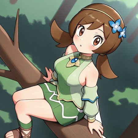 2d, masterpiece, best quality, amazing quality, highres, absurdres, newest, 1girl, solo, sitting, on branch, forest, from above, dutch angle, looking at viewer, medium breasts,  syglyra, brown eyes, brown hair, bangs, low twintails, hairband, hair flower, choker, blue gemstone, detached sleeves, bare shoulders, long sleeves, green shirt, green skirt, gladiator sandals, brown footwear, green footwear