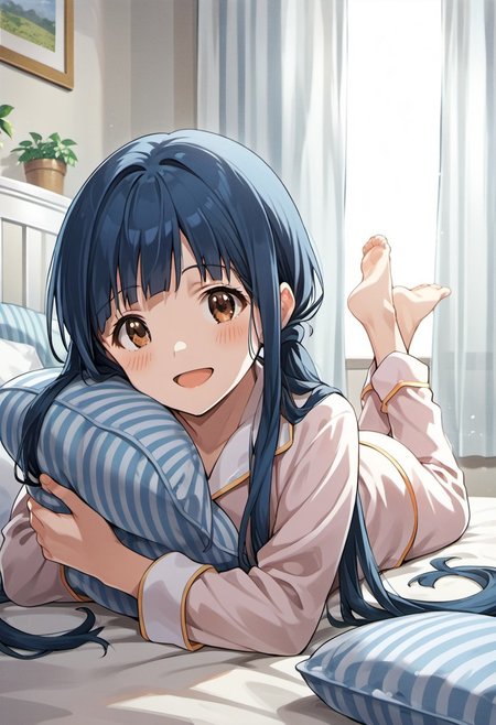 score_9, score_8_up, score_7_up, source_anime, kitakami reika, long hair, blue hair, twintails, brown eyes, 1girl, lying, solo, smile, open mouth, on stomach, pillow, barefoot, pajamas, looking at viewer, blush, curtains