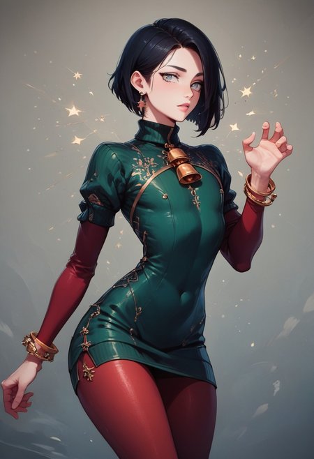 score_9, score_8_up, score_7_up, 1boy, femboy, otoko no ko, short hair, bob cut hair, black hair, grey eyes, gray eyes, feminine face, toned body, Shelly, 
bodycon dress, sweater dress, green dress, sleeves, neckline, red pantyhose, embroidered pantyhose, earrings, bracelets,  christmas hair ornament, 
highly detailed, intricate, zzCitronCAT, model pose, modelshoot