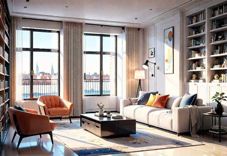 ((front view)), Shallow scene, ((animation style)), modern-style interior, with white walls, (large windows), a  study, Sofa, coffee table, bookcase, single wall, 
warm light morning sun, (the view of the city)