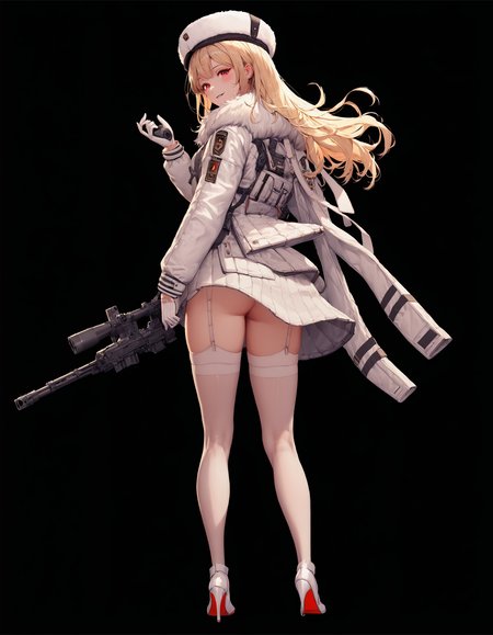 score_9, score_8_up, score_7_up, score_6_up, score_5_up, score_4_up, Nikkedusk_Style, white footwear, standing, long sleeves, holding weapon, blonde hair, submachine gun, hat, weapon, high heels, black background, holding gun, white thighhighs, red eyes, fur hat, simple background, looking at viewer, jacket, gloves, fur trim, ass, white jacket, parted lips, solo, dress, gun, holding, smile, long hair, blush, thighhighs, full body, 1girl, looking back, garter straps, boots, white gloves, white headwear, from behind  <lora:GoddessofNikkie_PonyXL:1>