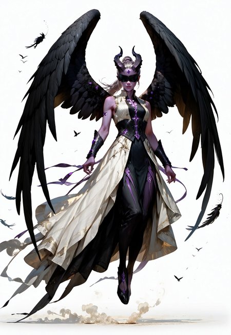 (absurdres, best quality, masterpiece:1.4), 
score_9, score_8_up, score_7_up, score_6_up, 
detailed, 
detailed body, 
detailed face, 
(((smooth skin, unbroken skin, detailed skin))), 
fantasy, 
alone, 

female, 
tiefling, 
h0rns, 
ram horns, 
black horns, 
tall, 
((((purple skin)))), 
((long grey hair, ponytail)), 
(((wingsd, black wings))),

floating, flying, hovering, weightless, 

(white robe, sleeveless, 
blindfold, black cloth blindfold), 

(((white background, plain background))), 
full body, 
front view, 