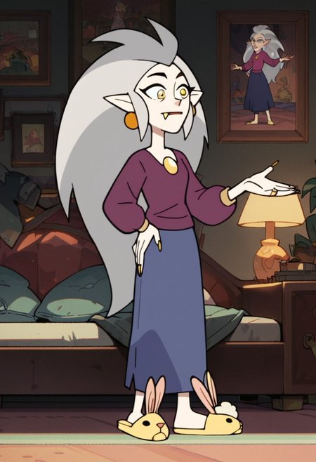 Score_9_up, score_8_up, score_7_up, 1girl, solo, edacoh, pointy ears, grey hair, long hair, yellow eyes, fang, jewelry, earrings, long sleeved shirt, skirt, bunny slippers, hand on hip, bedroom, Expressiveh