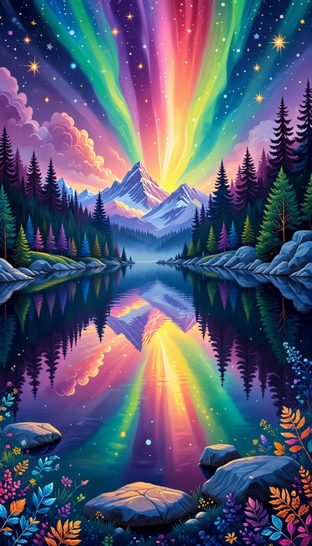 A serene lake reflecting a vibrant aurora borealis in shades of green, purple, and pink; surrounded by glowing trees, <lora:PinkieColorfulPaintingFLUX-V2:1>, pinkcolorfulpainting,