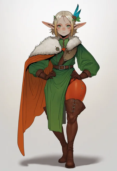 best quality, amazing quality, very aesthetic, absurdres,
1girl, blonde hair, hair ornament, green eyes, freckles, elf, fur cape, fur trim, belt, dress, gloves, thigh boots, thighhighs,
hands on hips, full body, standing, solo, looking at viewer, simple background, white background,  <lora:KyoungHwanKimNoobLocon_byKonan:1>