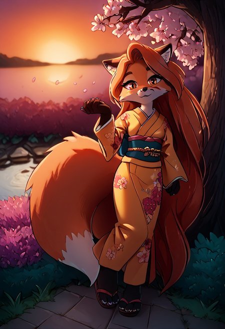 score_9_up, score_8_up, score_7_up, (masterpiece), (best quality), hyper detailed, perfect anatomy, anthro fox girl, dazzling, perfect face,
sexy, seductive, (absurdly long hair, very long hair, floor length hair:1.3), orange hair, hairflower, bright amber eyes, print_kimono, ruanyi0712, floral print, yellow kimono, obijime, sandals, tabi, wide sleeves, furisode, orange fur, fox tail, dusk, anthro, female furry, fox, fox tail, fox ears, body fur, fluffy, paws, sunset, trees, outdoor, in spring, falling petals, cherry blossoms, looking_at_viewer, dynamic_angle,