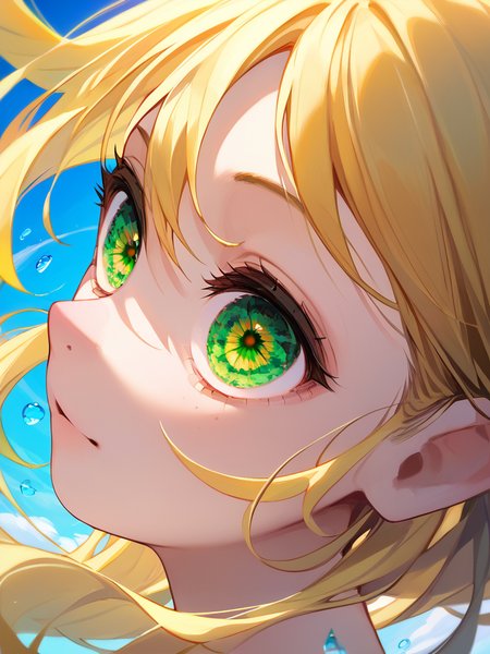 PDXL, <lora:OpalEyesV1Pony:1>, opal_eyes, 1girl, cute face, detailed eyes, long yellow hair, detailed green eyes, close-up, floating