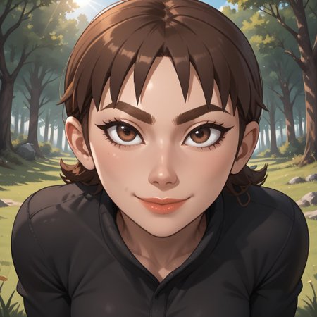 score_9, score_8, BREAK, solo, wii, mii, wii sports, 1girl, female mii, brown hair, brown eyebrows, brown eyes, lips, black clothing, black pants, sneakers, Susana_(Wii_Sports), nintendo mii, modern_mii, classic_mii, breasts, cute, sexy pose, smile, outdoors, sunlight, shadows, evening lighting, natural lighting, forest, trees, grass, orange sky, sunset