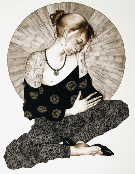 Art by Marina Richterova. A black and white illustration from a profile camera angle about a seated figure with intricate patterns, set against a soft, textured background. the image features a woman with a calm expression, sitting in the middle of the frame. she is wearing a black off-the-shoulder top with geometric patterns, black pants with intricate paisley patterns, and black shoes. her hair is styled in a bun, and she is adorned with large hoop earrings and a necklace. her hands are delicately placed on her lap, with one hand resting on her thigh and the other on her knee. the background features a circular fan-like pattern, adding a sense of depth and texture to the image. the overall aesthetic is minimalistic and artistic, with a focus on the woman's contemplative pose.