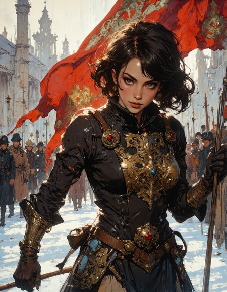 A woman in scavenged plate armor drags a sawtoothed cleaver through the snow, her breath ragged. Behind her, the warlordâs banner burns slow and greasy. She doesnât cheer. She countsâone butchered horse for every village he burned. Anime art, bichu, oil painting